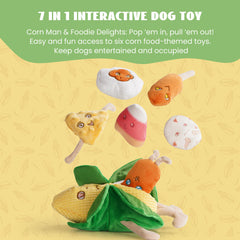 Nocciola Squeaky Crinkle Corn Dog Toy Pack close-up shows squeaker detail for auditory engagement