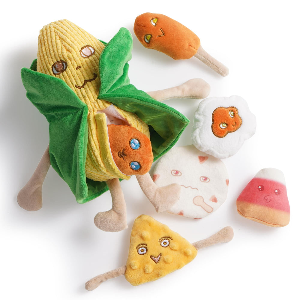 Nocciola Squeaky Crinkle Corn Dog Toy Pack front view for engaging small-breed play