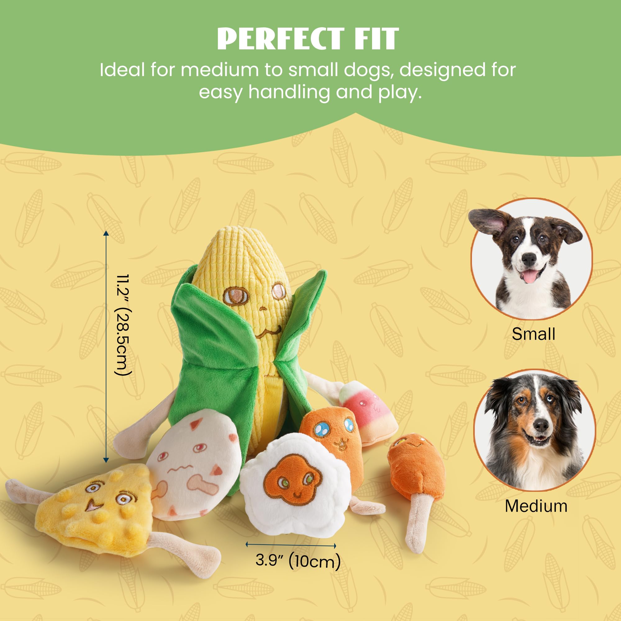 Nocciola Squeaky Crinkle Corn Dog Toy Pack seven-toy puzzle setup promotes cognitive fun