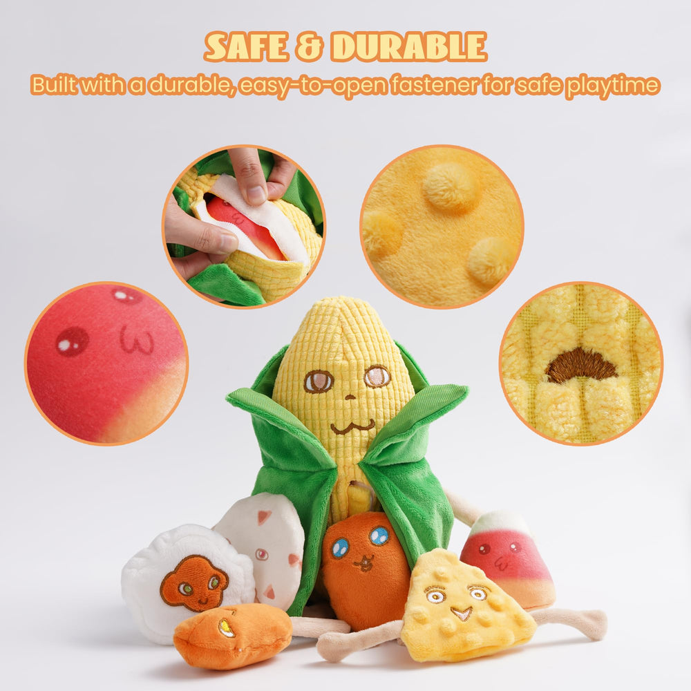 Nocciola Squeaky Crinkle Corn Dog Toy Pack yellow plush texture for teething-friendly play