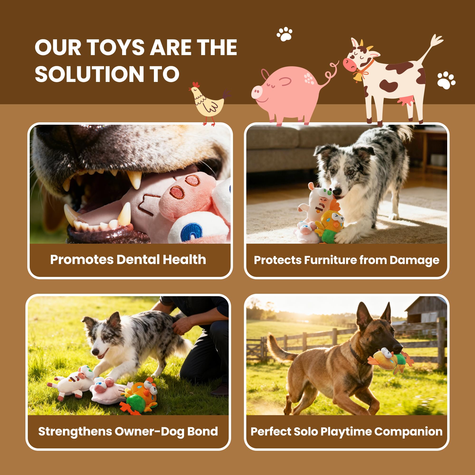 Nocciola Squeaky Dog Toys crinkle-sound image highlights varied sounds for mental stimulation and interactive play