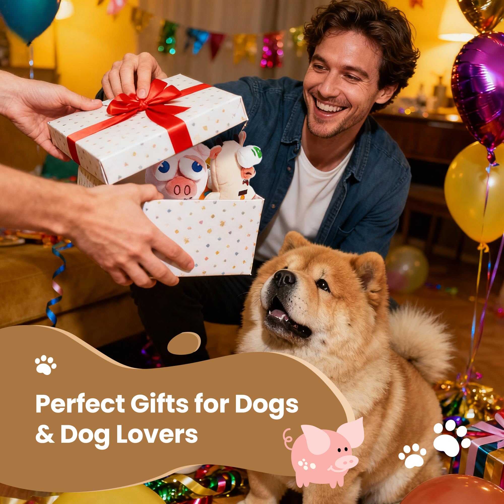 Nocciola Squeaky Dog Toys pack shot highlights three farm critter plush toys in one set