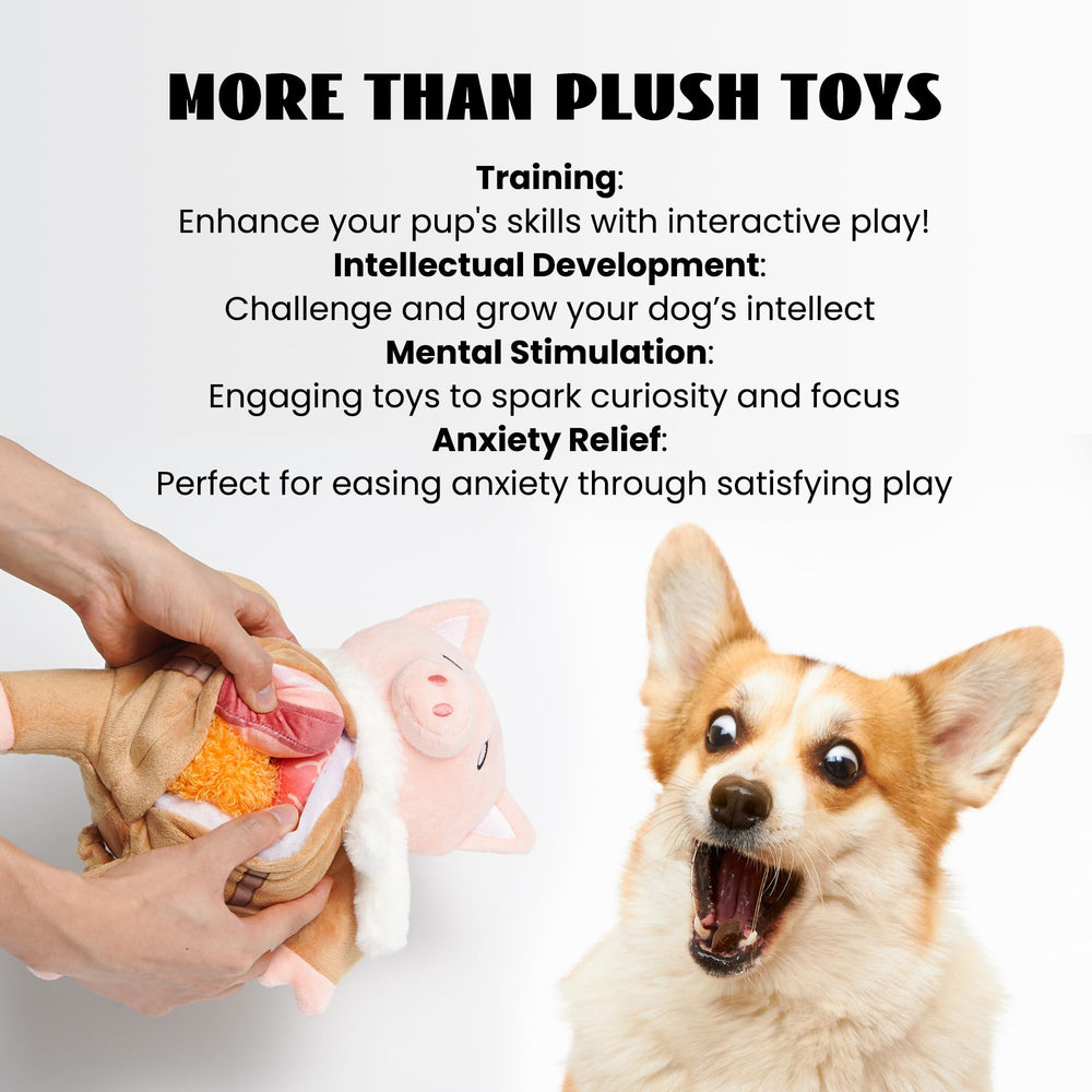 Nocciola stuffed pig dog toy supports interactive training and mental stimulation.