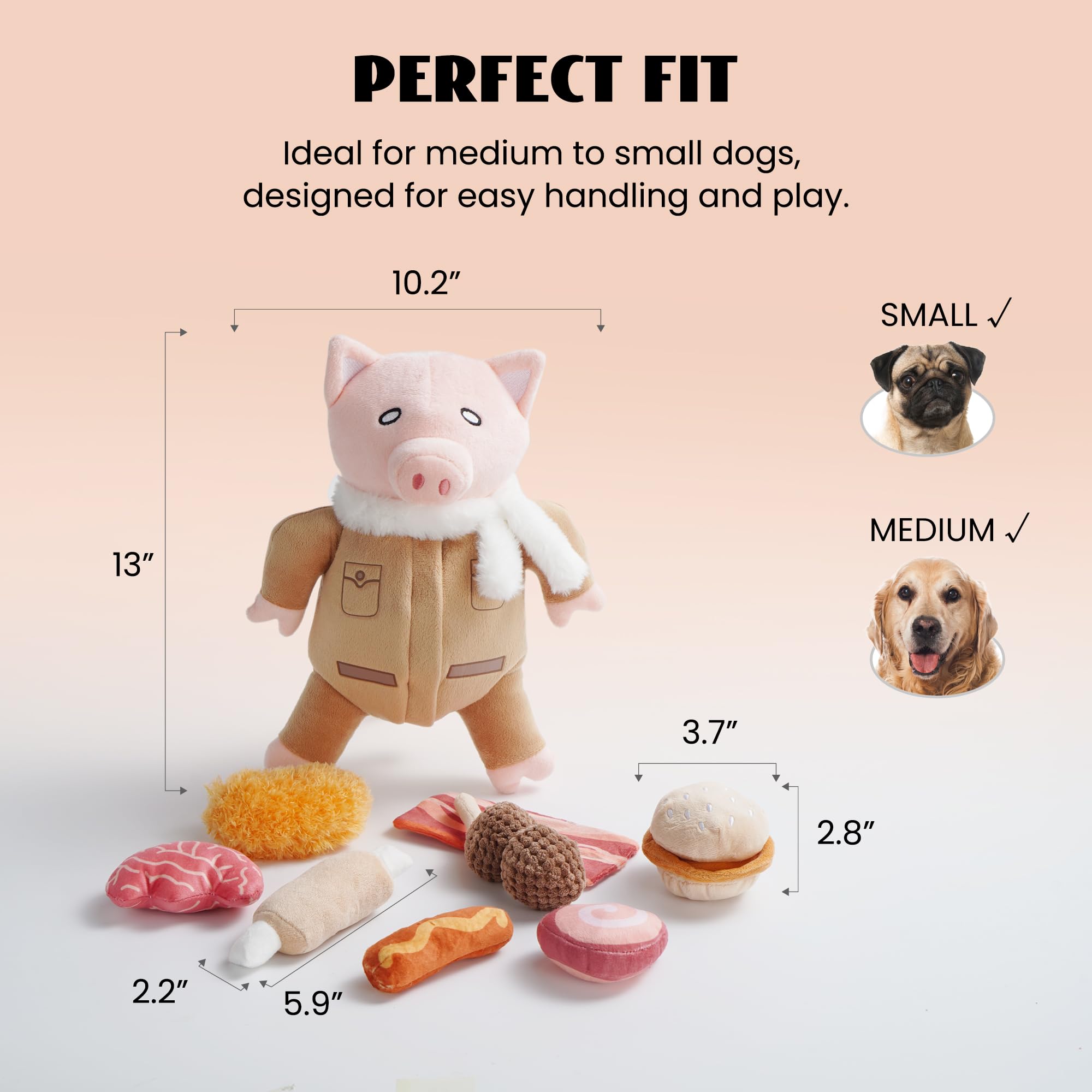 Nocciola stuffed pig dog toy designed for small to medium dog breeds.