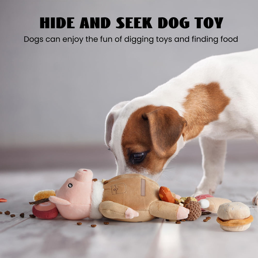 Nocciola stuffed pig dog toy with squeaker and crinkle for engaging sounds.