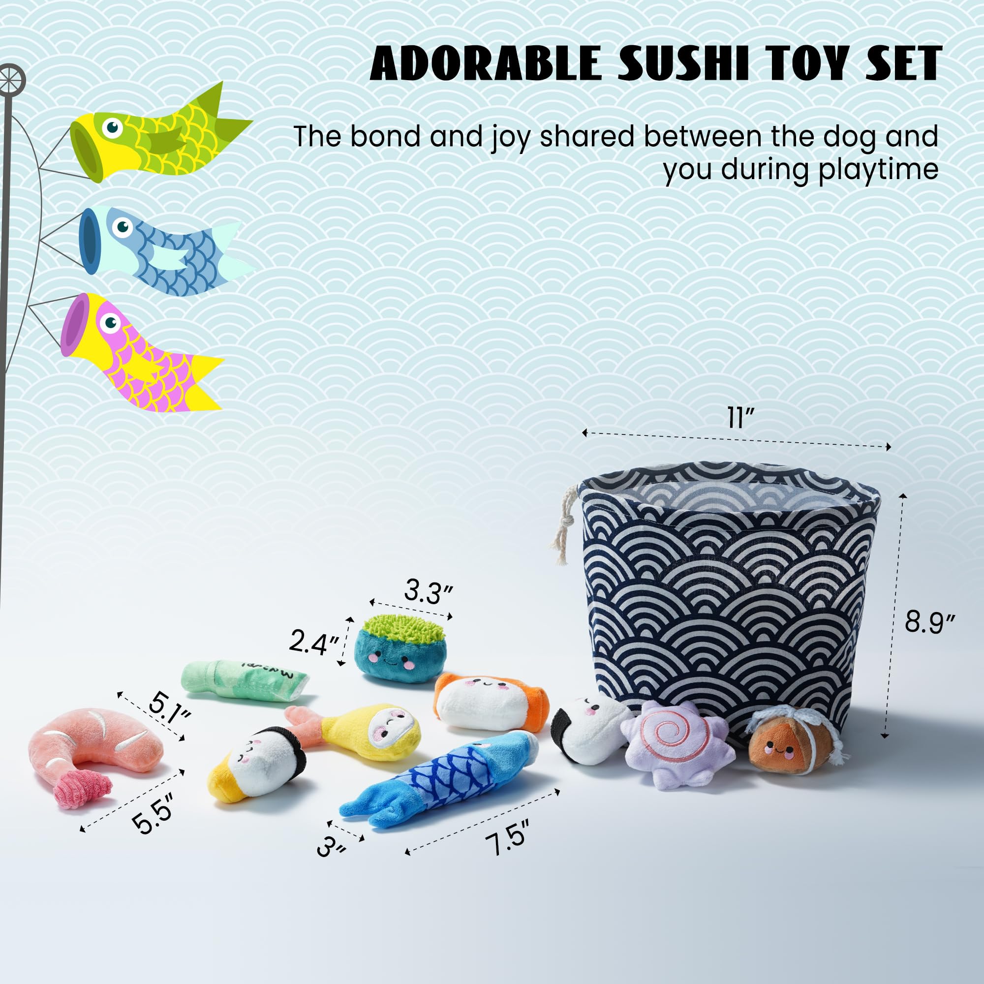 Nocciola sushi dog toy storage bag for tidy toy storage.