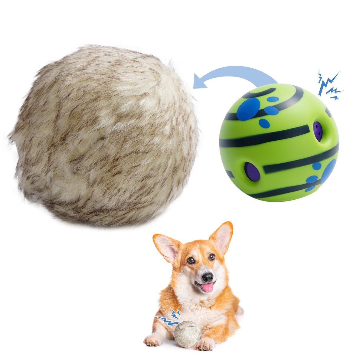Nocciola Wobble Giggle Ball shows soft plush fur inviting dogs to chase, promoting active play.