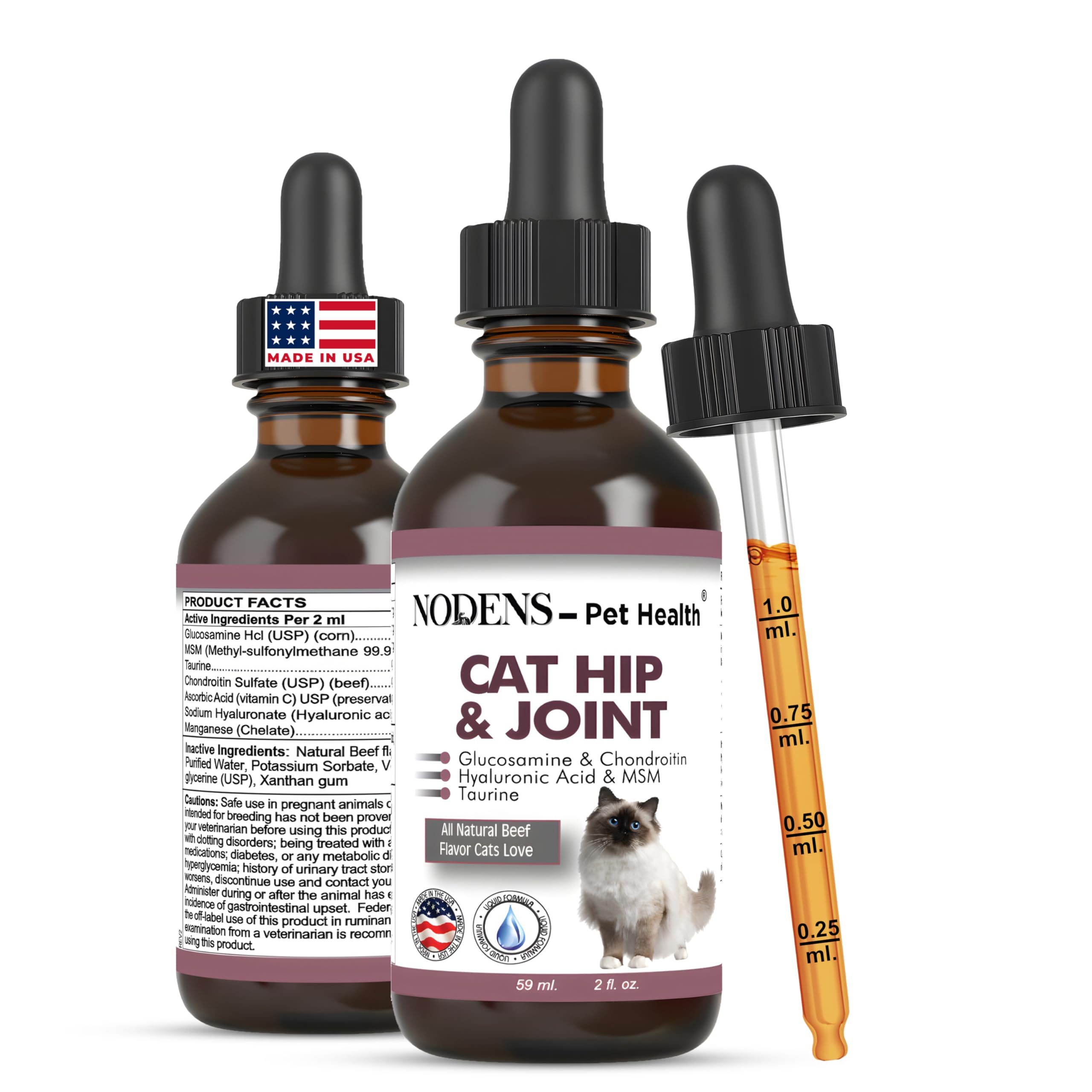 NODENS Cat Hip and Joint Liquid bottle — supports mobility with a tasty meat-flavored formula.