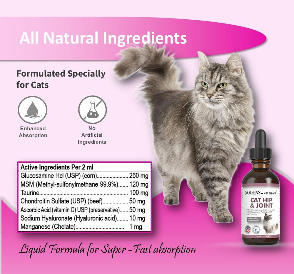 NODENS Cat Hip and Joint Liquid ingredients — glucosamine, chondroitin, hyaluronic acid for joint support.