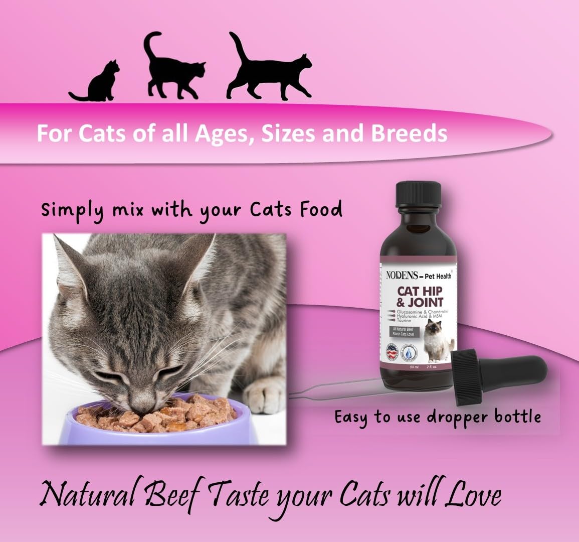 NODENS Cat Hip and Joint Liquid label — USA-made with natural ingredients.