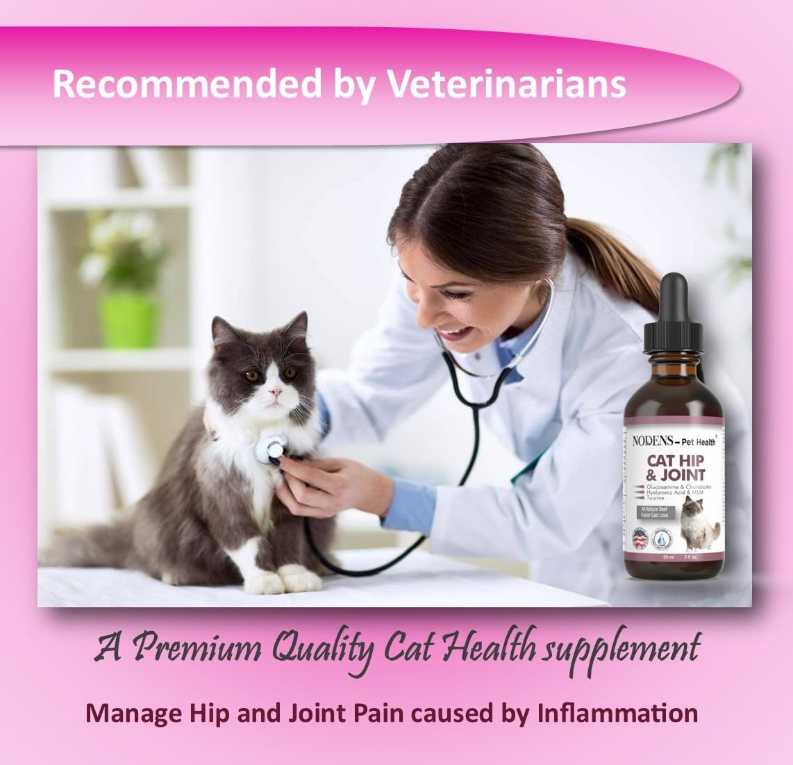 NODENS Cat Hip and Joint Liquid packaging — 2oz bottle lasts months for ongoing support.