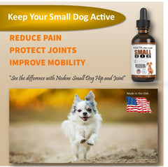 NODENS small-dog hip joint liquid ingredients label close-up for reference.