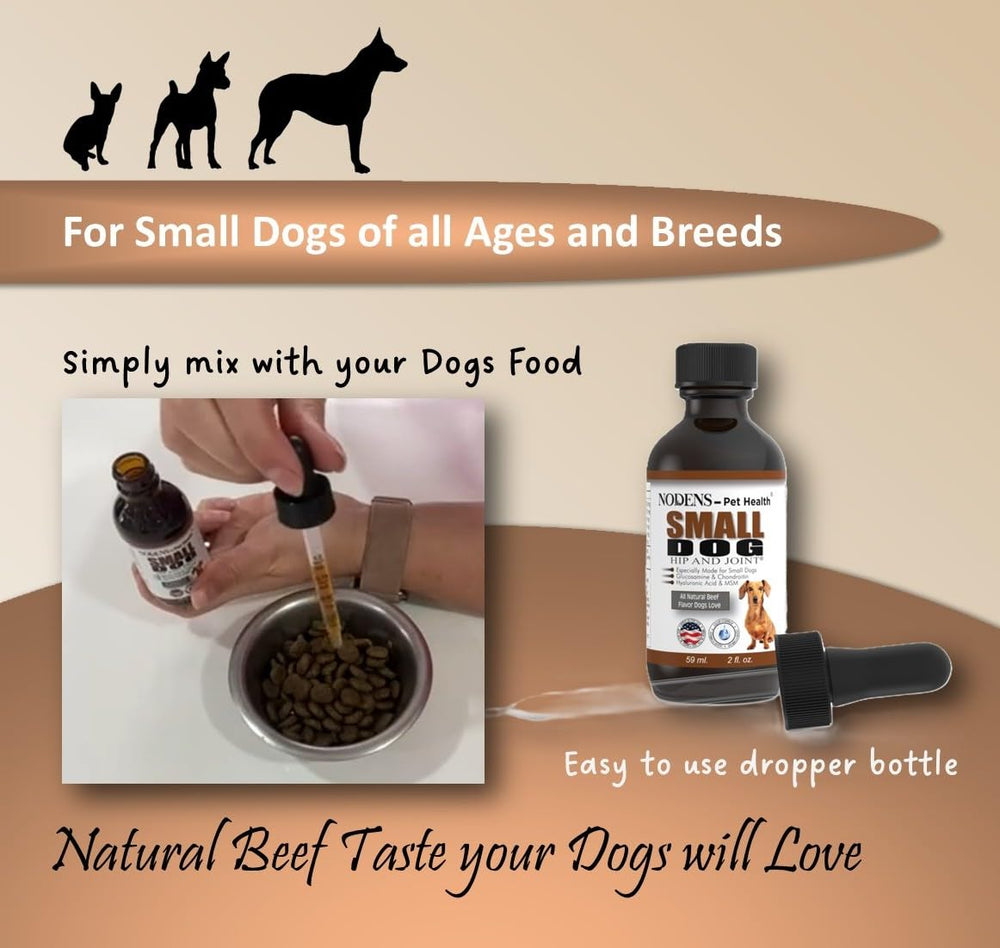 NODENS small-dog liquid drops served with meals illustrating easy integration.
