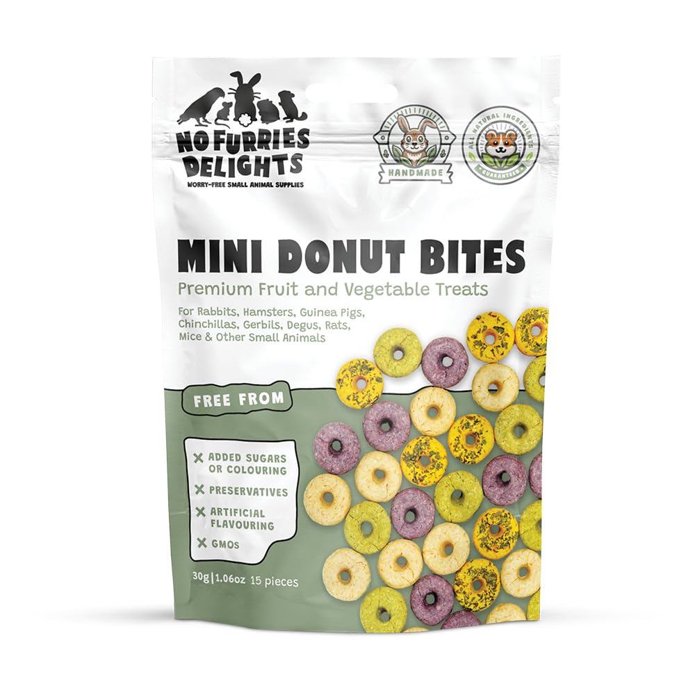 No Furries Delights banana mini donuts closeup showing crunchy texture for small pets