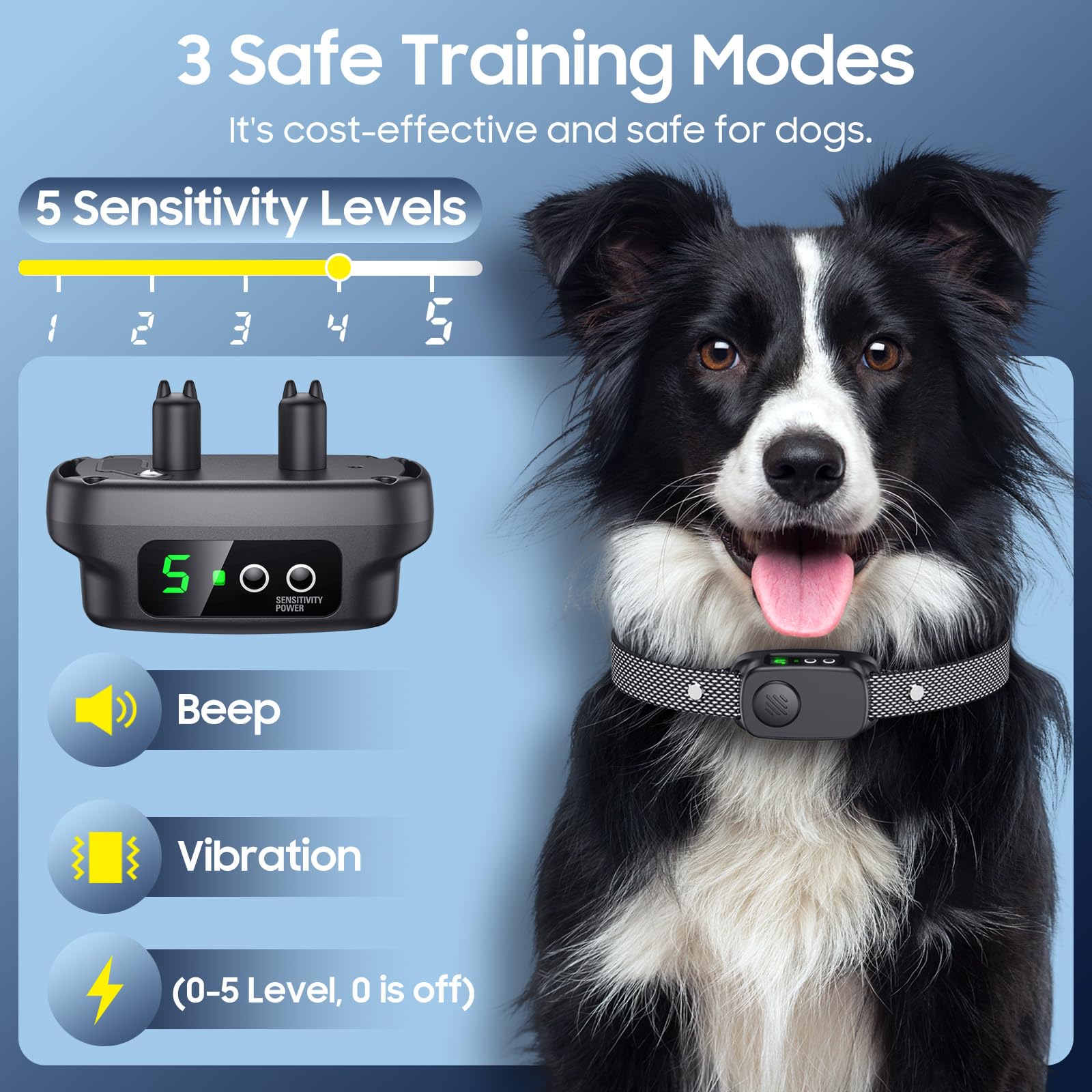 NOIDECE bark collar 2-pack side view demonstrates adjustable fit for medium to large dogs.