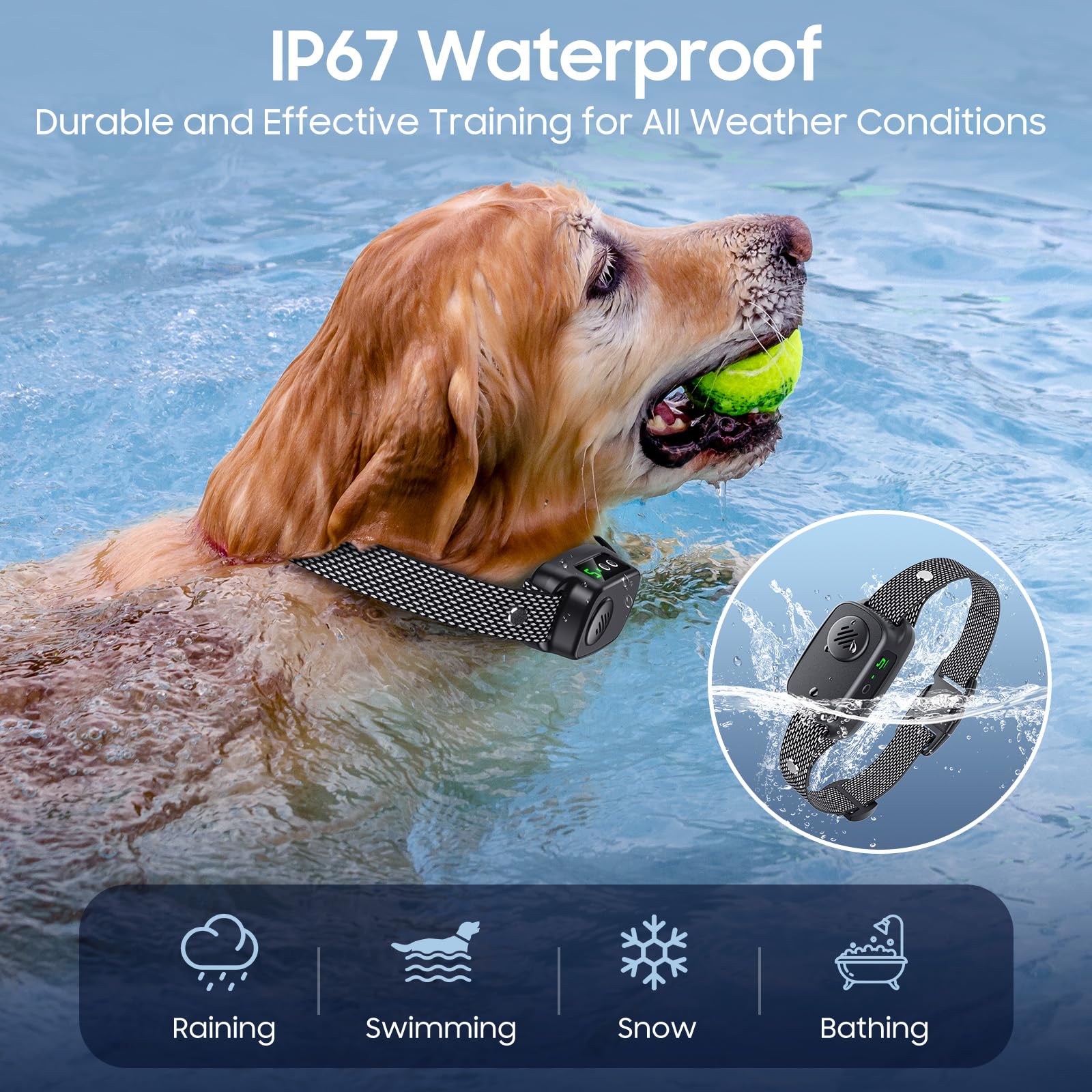 NOIDECE bark collar IP67 waterproof test proves reliable in rain or water play.