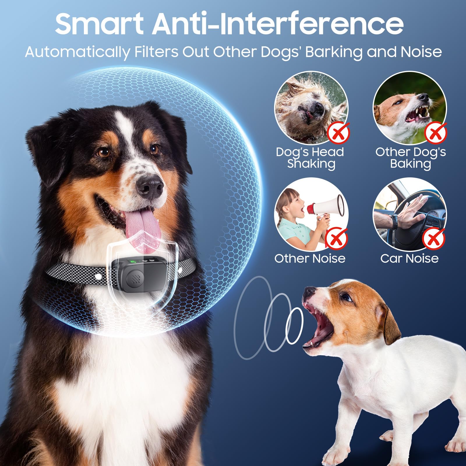 NOIDECE bark collar closeup nylon strap emphasizes comfort during long training sessions.