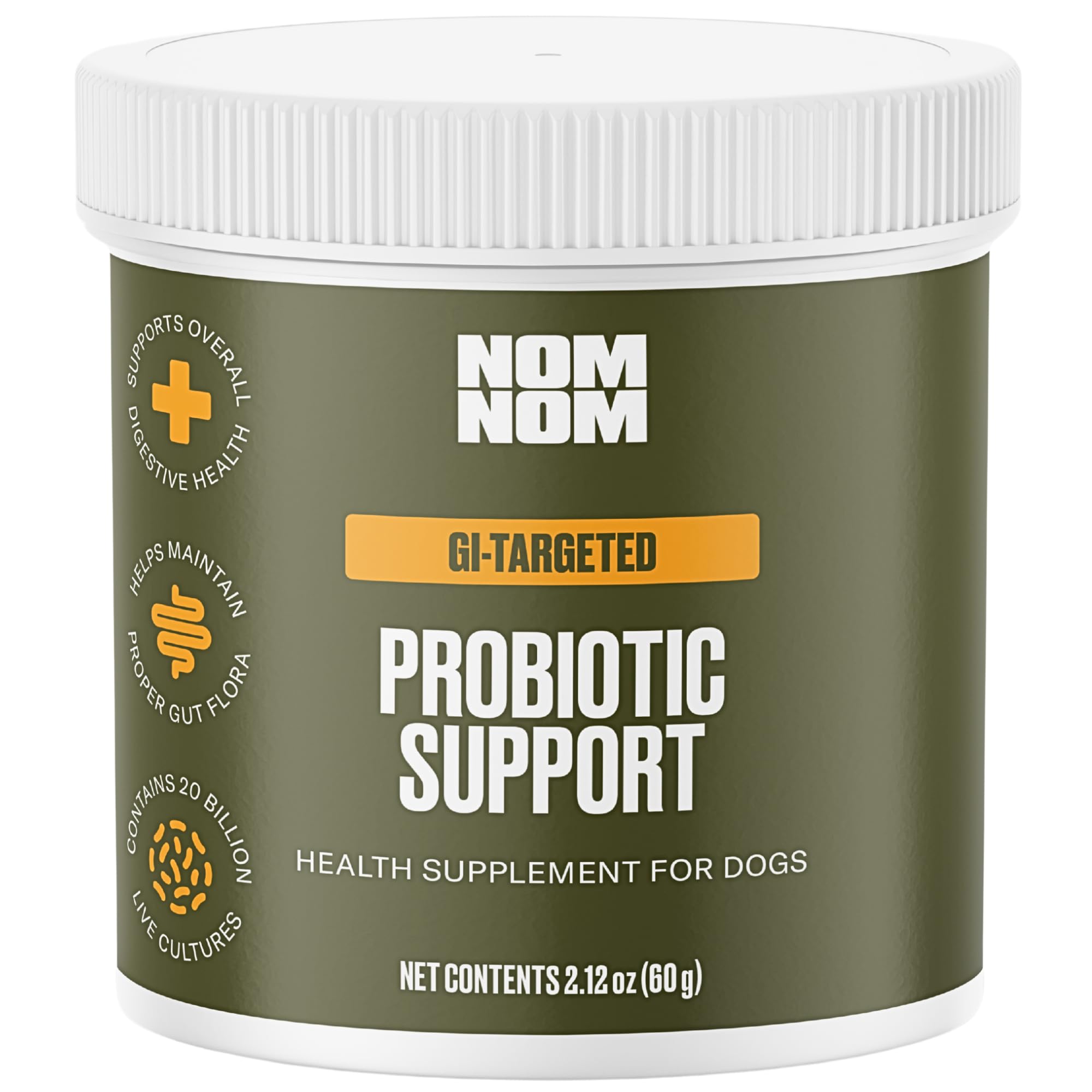 Nom Nom GI-Targeted Probiotic Tub: promotes gut balance in dogs.