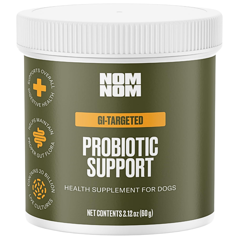 Nom Nom GI-Targeted Probiotic Tub: promotes gut balance in dogs.