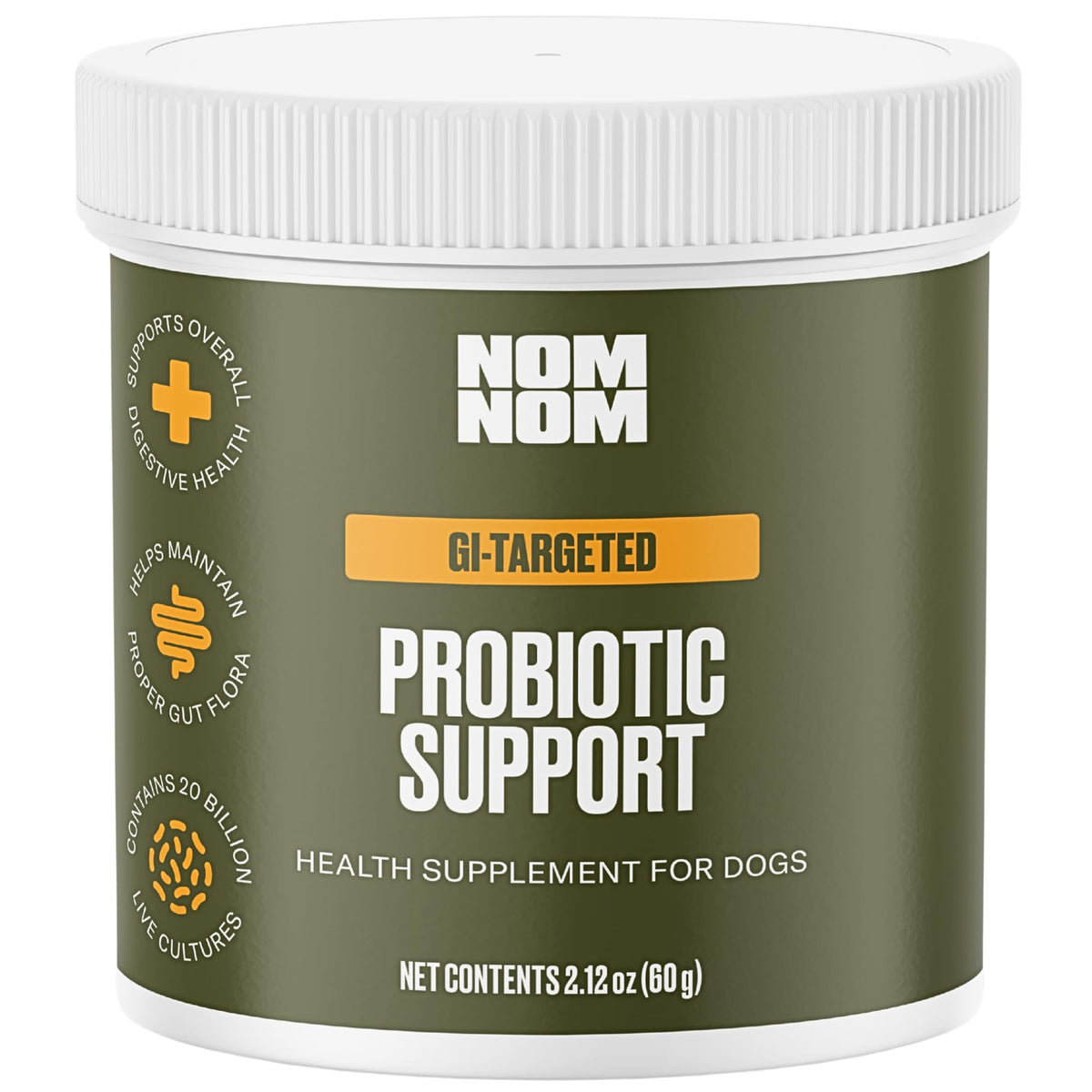 Nom Nom GI-Targeted Probiotic Tub: promotes gut balance in dogs.