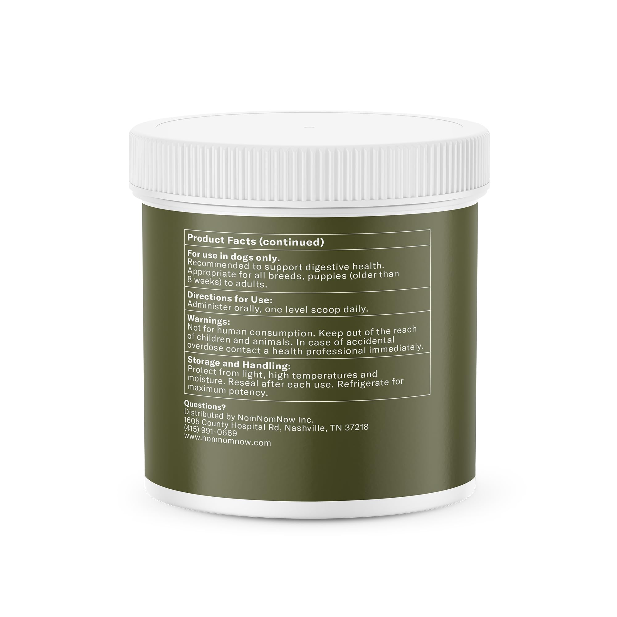 Nom Nom Saccharomyces boulardii highlight supports gut health in dogs.