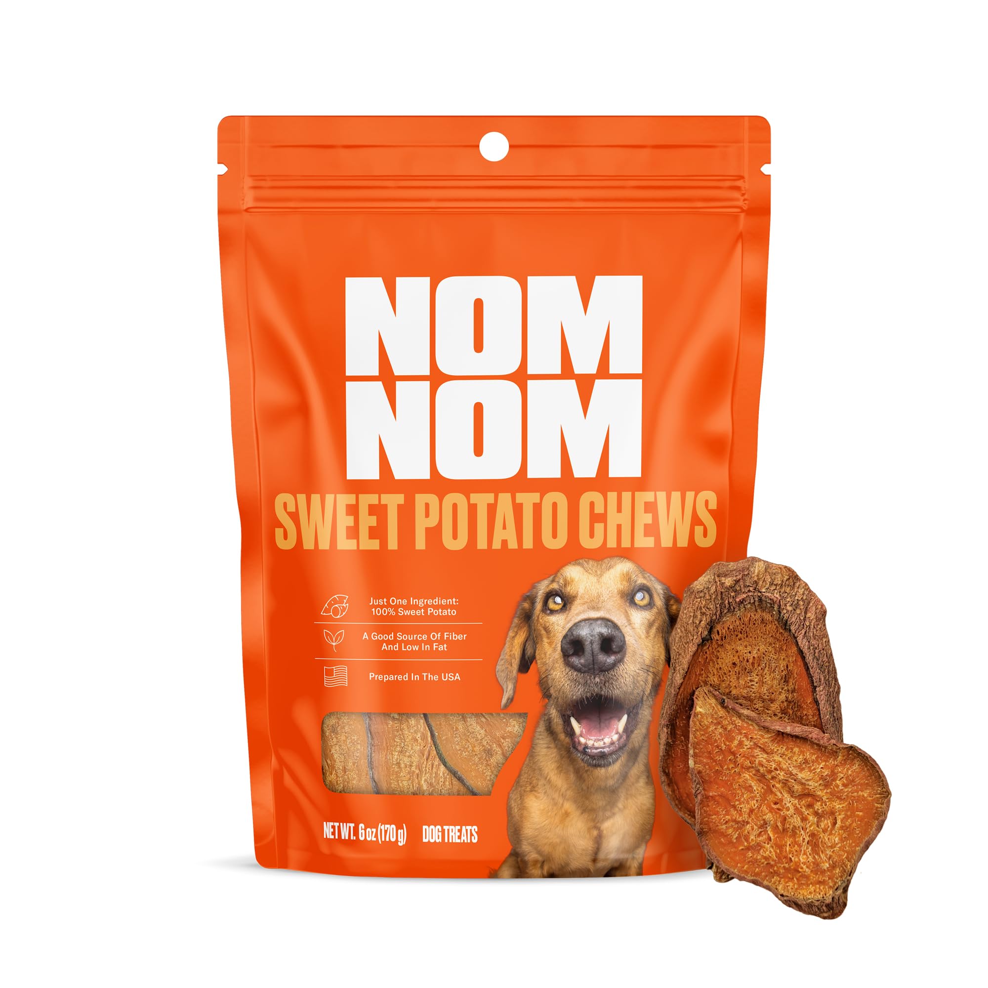 NOMNOMNOW Sweet Potato Chew Treats pack, a single-ingredient snack ideal for training rewards.