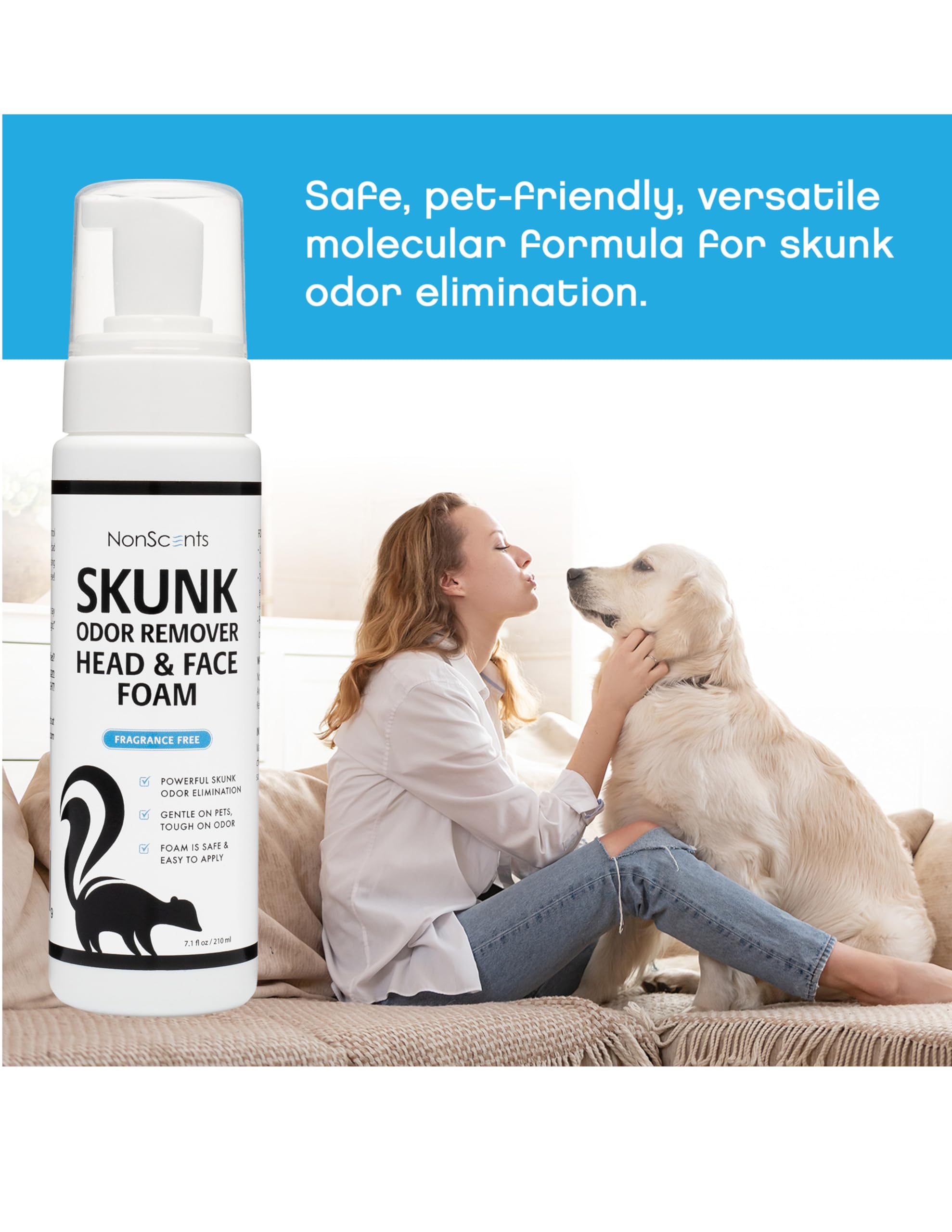 NonScents foam-application demonstrates simple, on-pet treatment for odor reduction.