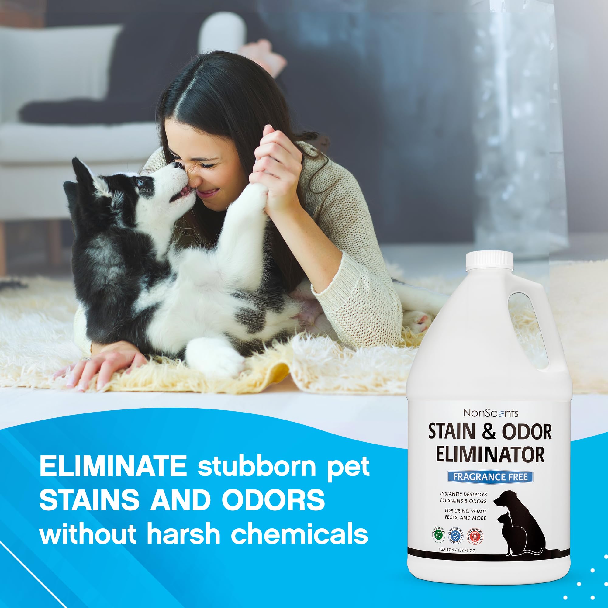 NonScents Stain & Odor Eliminator bottle cap closeup highlights fragrance-free, pet-safe formula.