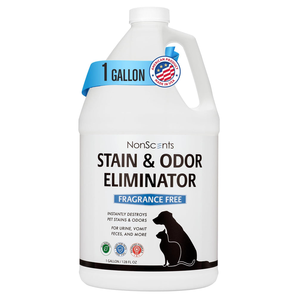 NonScents Stain & Odor Eliminator bottle front shows fragrance-free cleaner for pet messes.