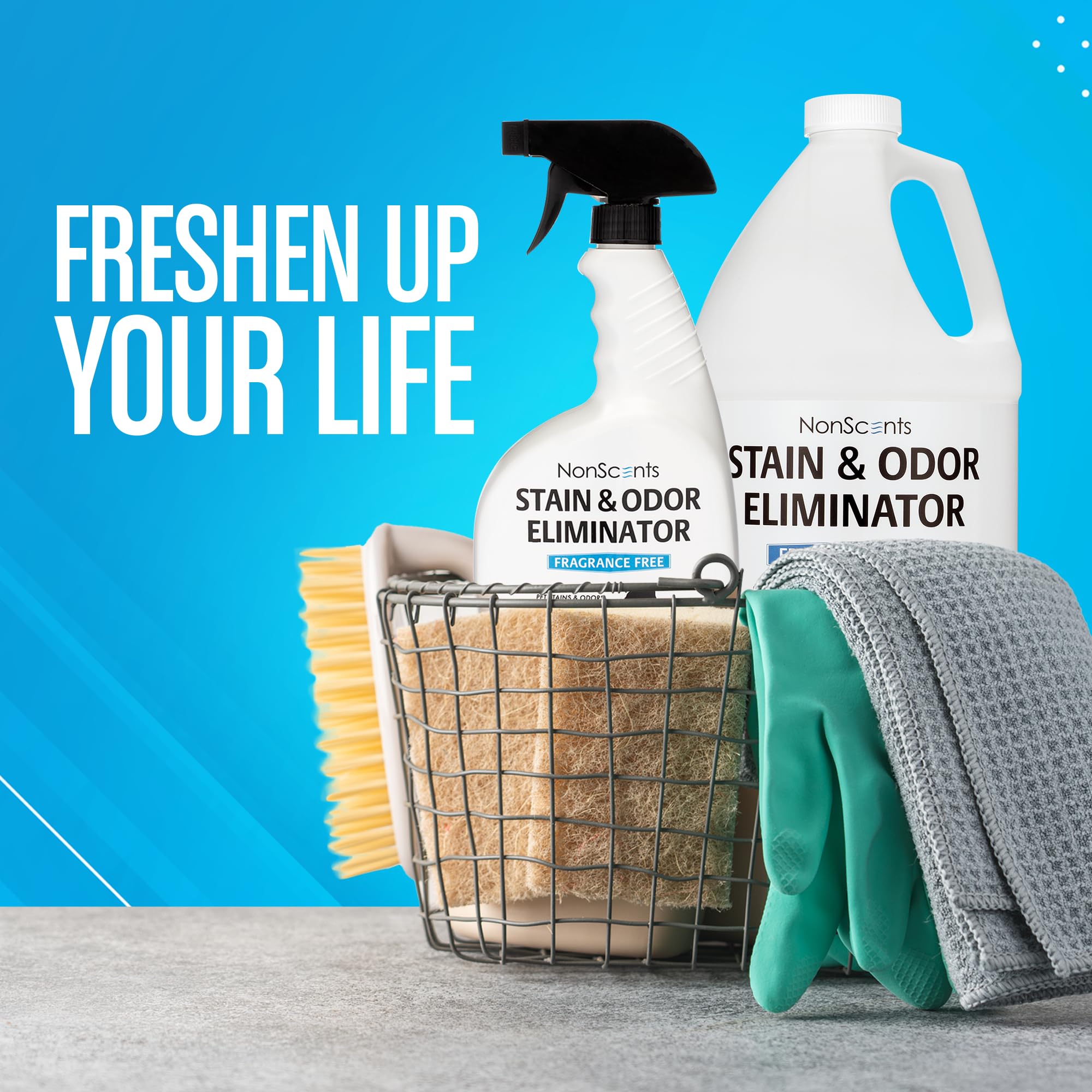 NonScents Stain & Odor Eliminator with cleaning tools highlights versatile home use.