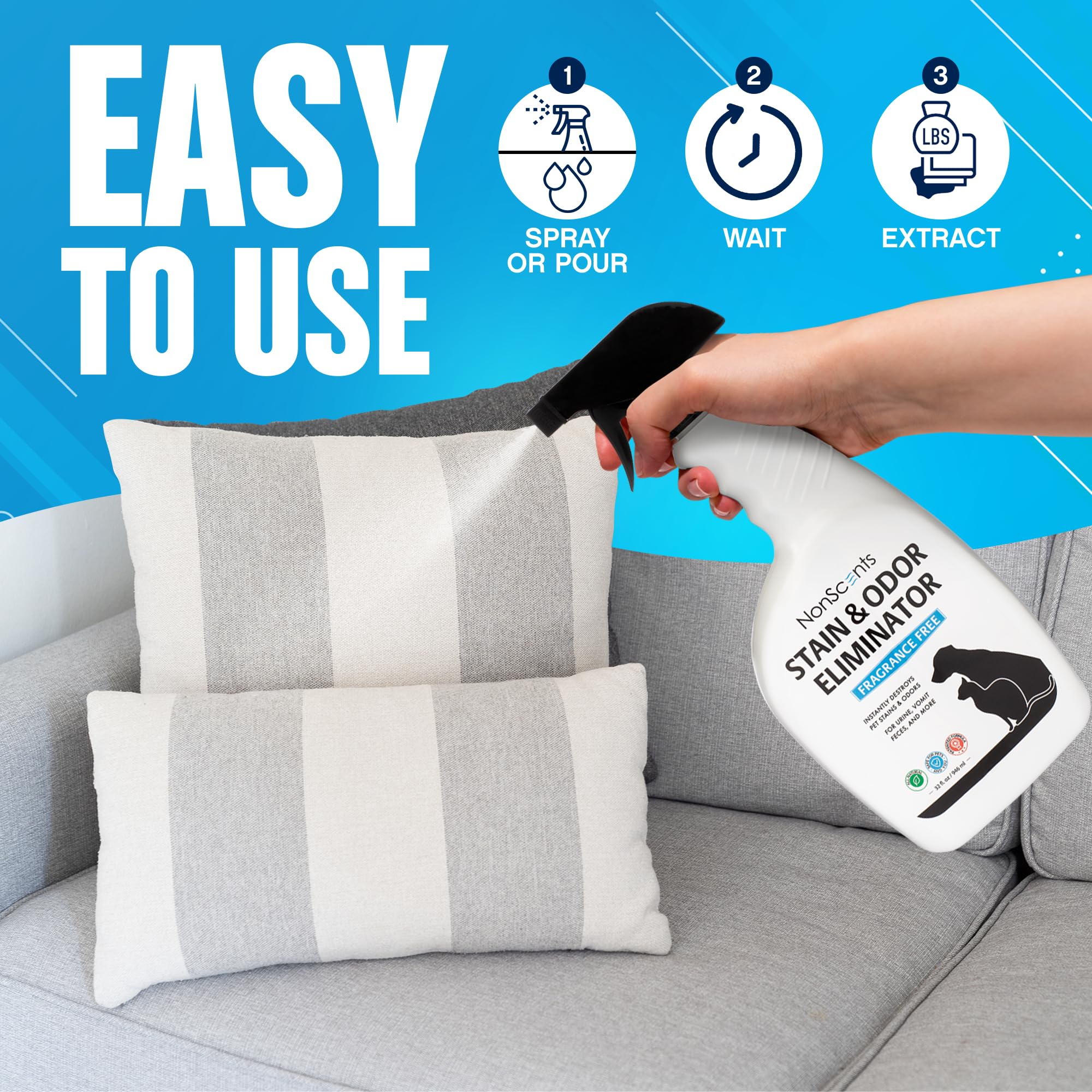 NonScents Stain & Odor Eliminator spray application shows quick odor control on carpet.