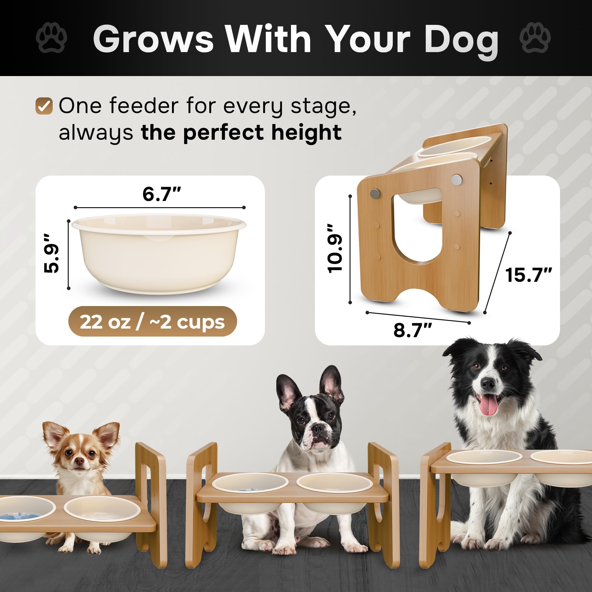 Nook Pets elevated bamboo stand with bowls for tidy elevated feeding.
