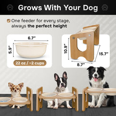 Nook Pets elevated bamboo stand with bowls for tidy elevated feeding.