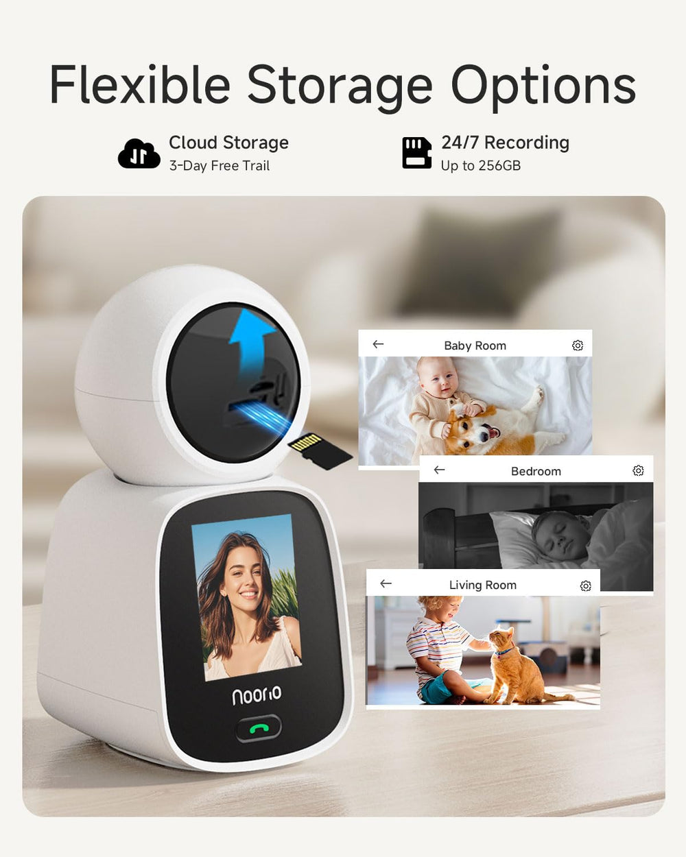 Noorio CL200 storage options local microSD and cloud for easy video access.