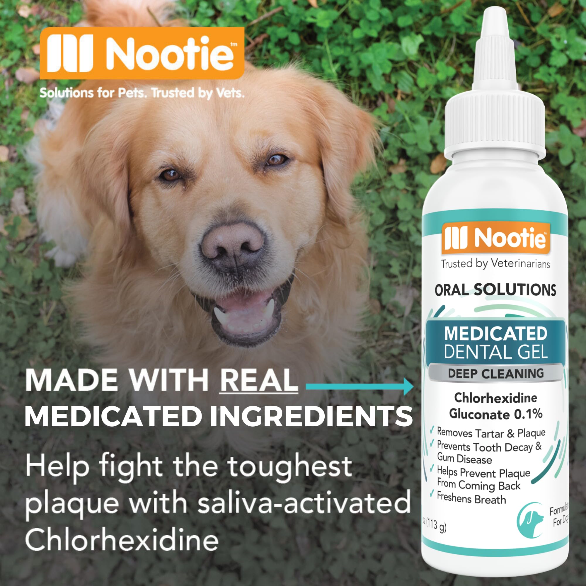 Nootie gel dental para perros, aliento fresco tras el uso diario.