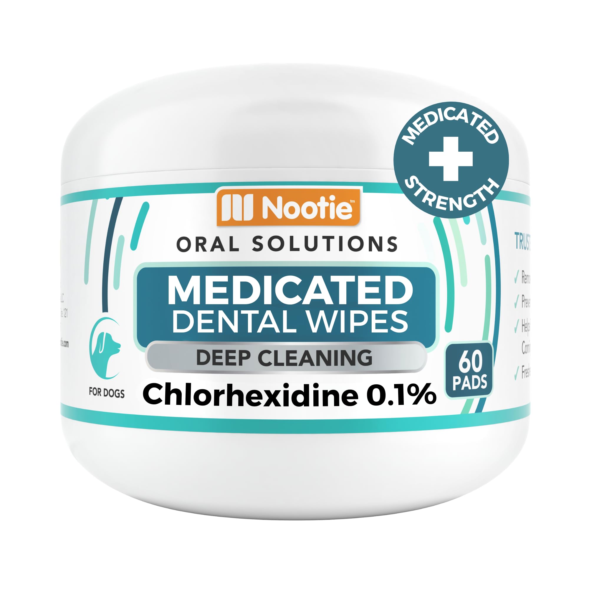 Nootie medicated dental wipes packaging shown for easy at-home dog dental care.