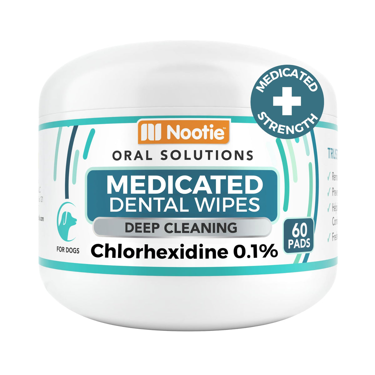Nootie medicated dental wipes packaging shown for easy at-home dog dental care.