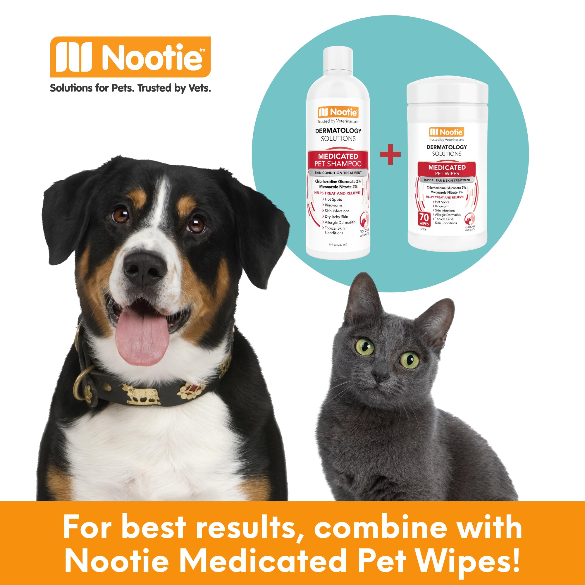 Nootie Medicated Pet Shampoo 16oz packaging displayed for easy at-home use.