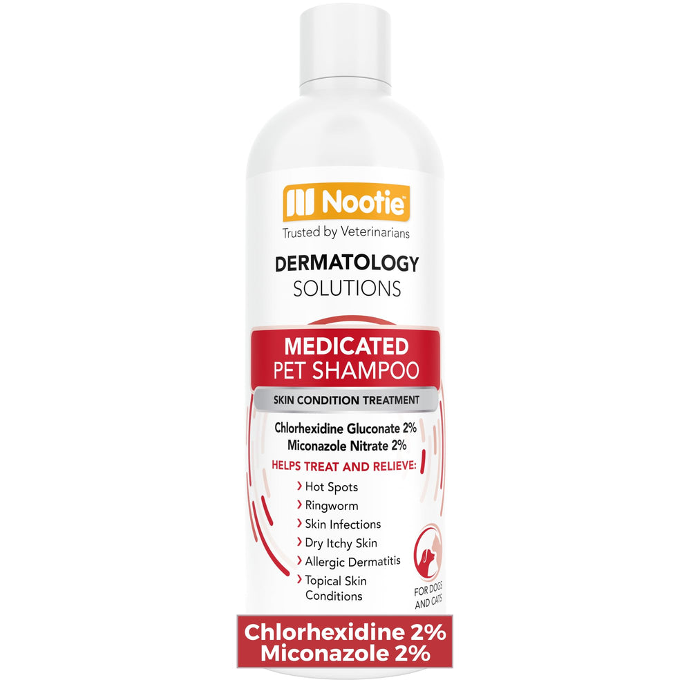 Nootie Medicated Pet Shampoo bottle focusing on itch relief and grooming.
