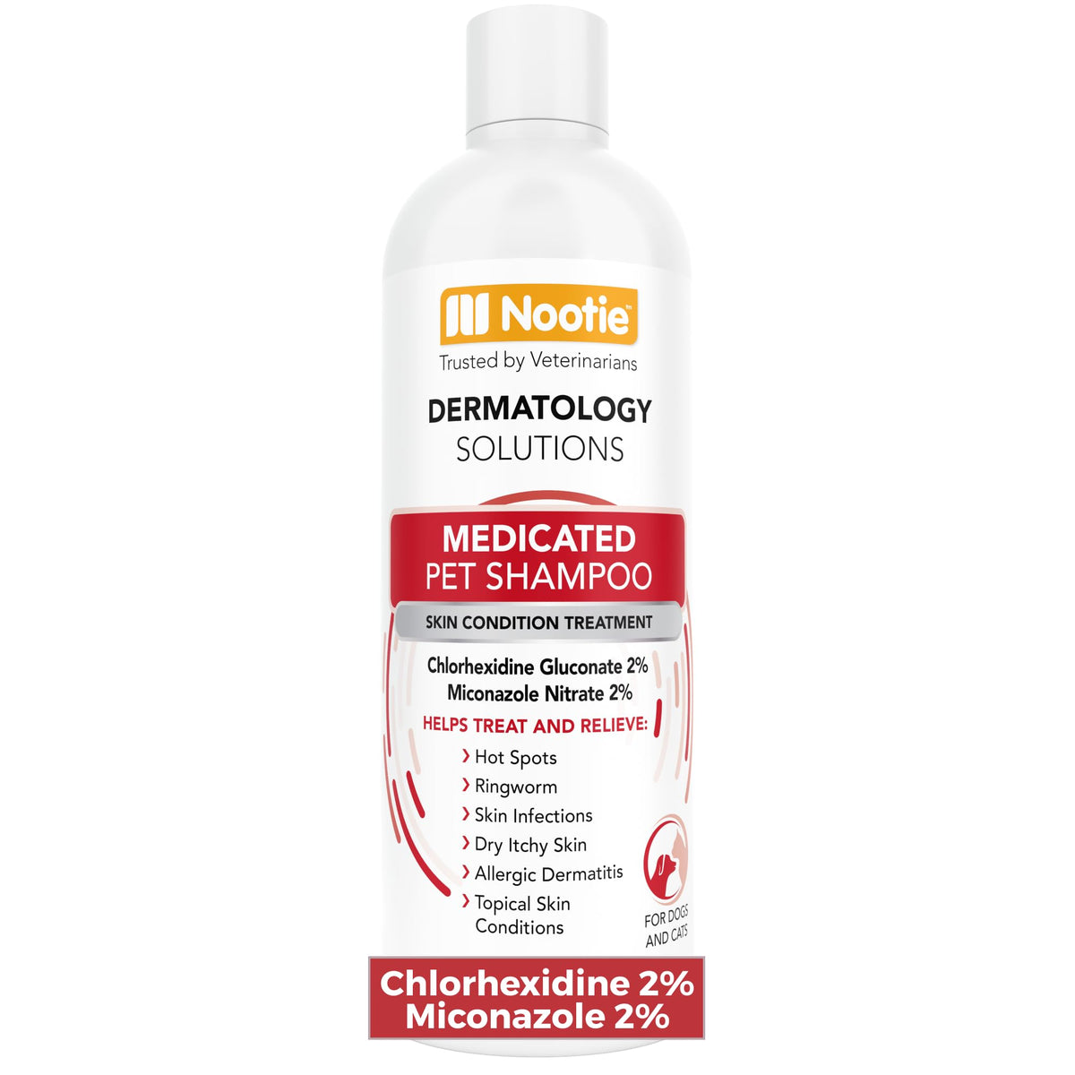 Nootie Medicated Pet Shampoo bottle focusing on itch relief and grooming.