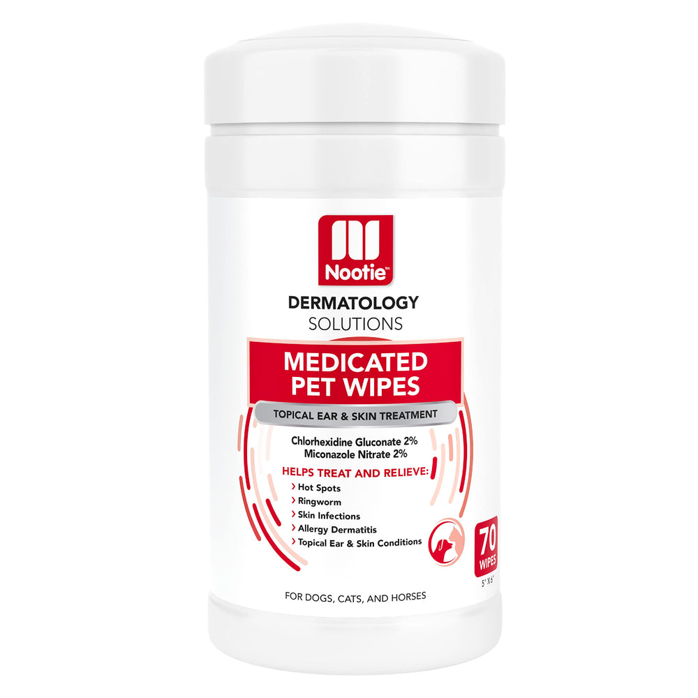 Nootie medicated wipes 70-count pack for convenient pet skin and ear care.