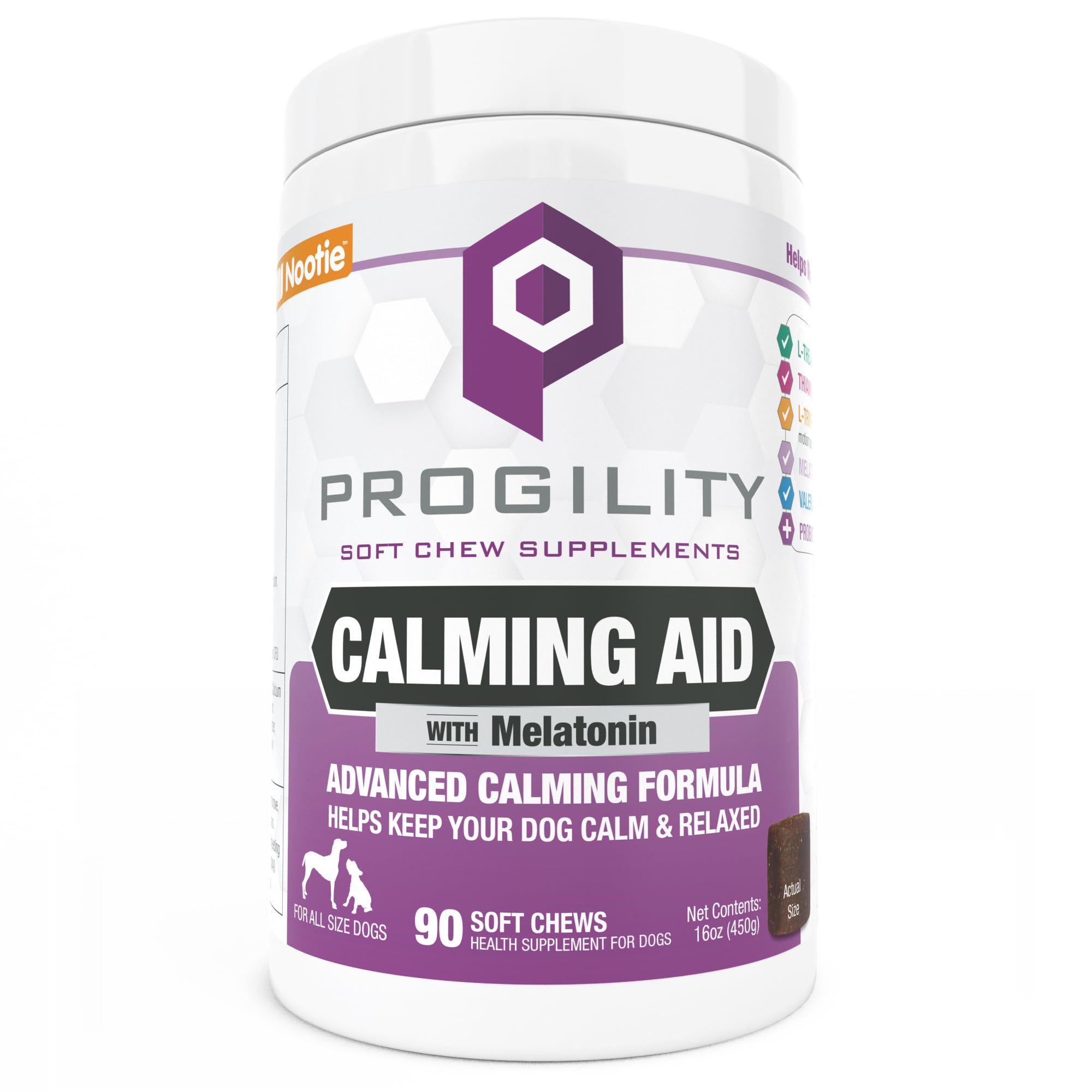 Nootie Progility calming chews packaging highlights advanced calming formula for stressed dogs.