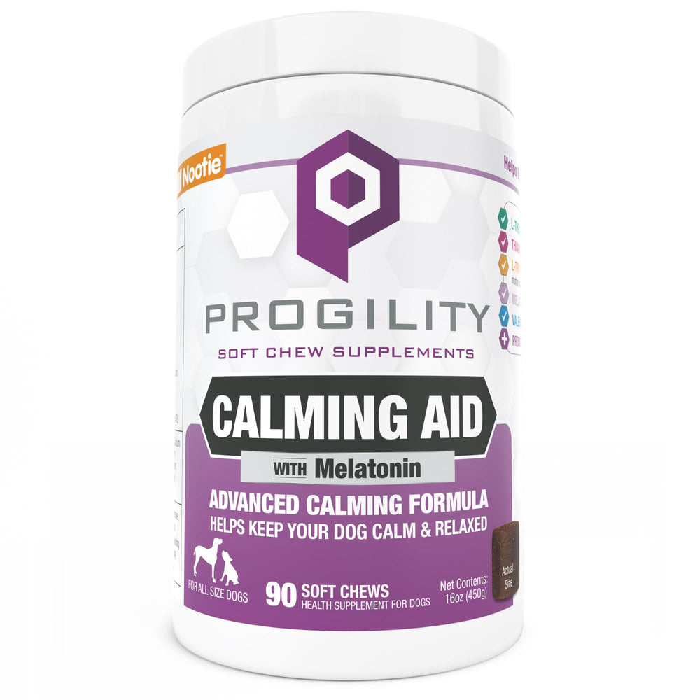 Nootie Progility calming chews packaging highlights advanced calming formula for stressed dogs.