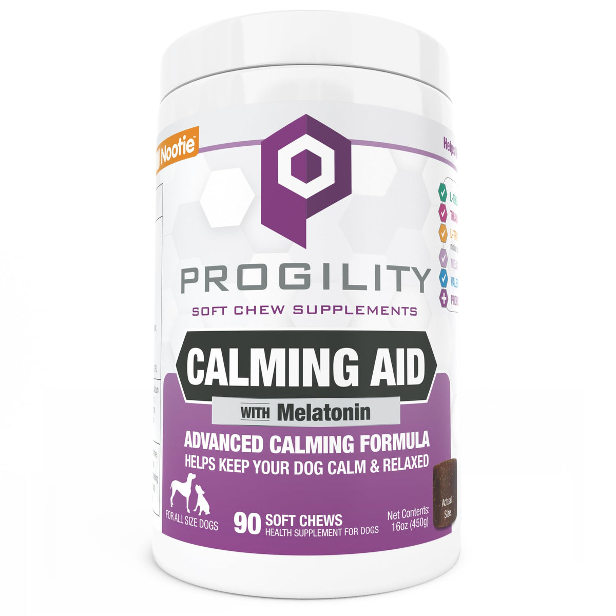 Nootie Progility calming chews packaging highlights advanced calming formula for stressed dogs.