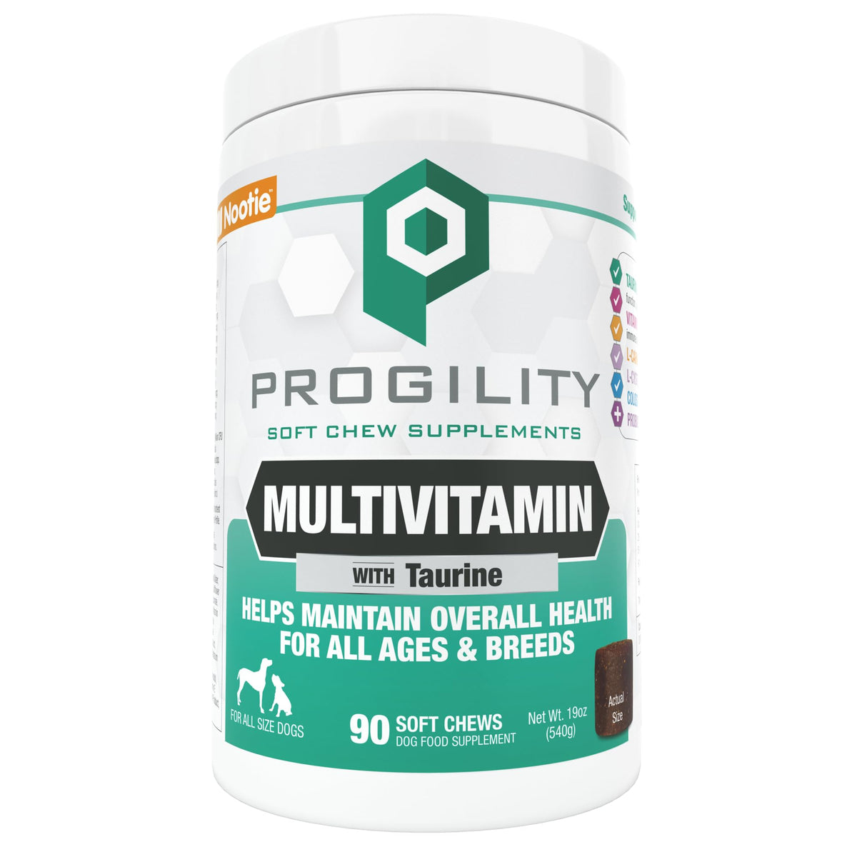 Nootie Progility daily multivitamin chews in a dog bowl showing daily nutrition support.