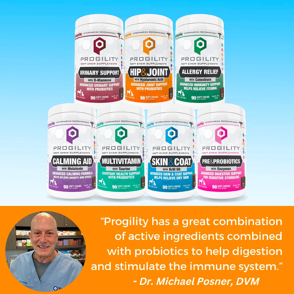 Nootie Progility Mini probiotic blend supports digestive health.