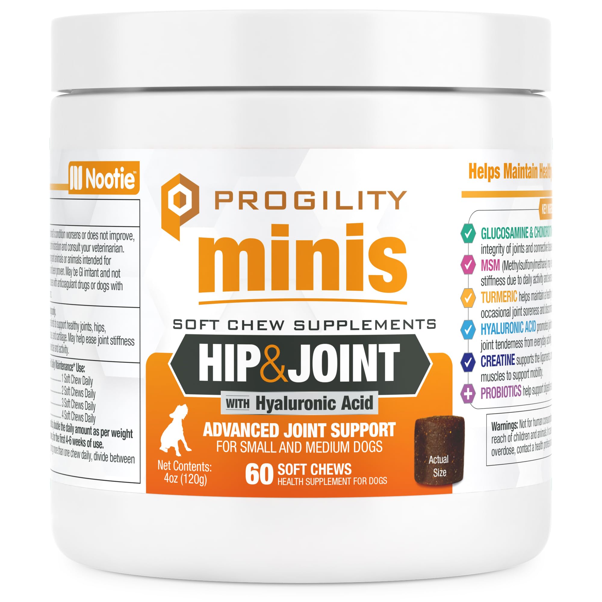 Nootie Progility Mini hip-joint chews bottle pour for easy daily mobility support.