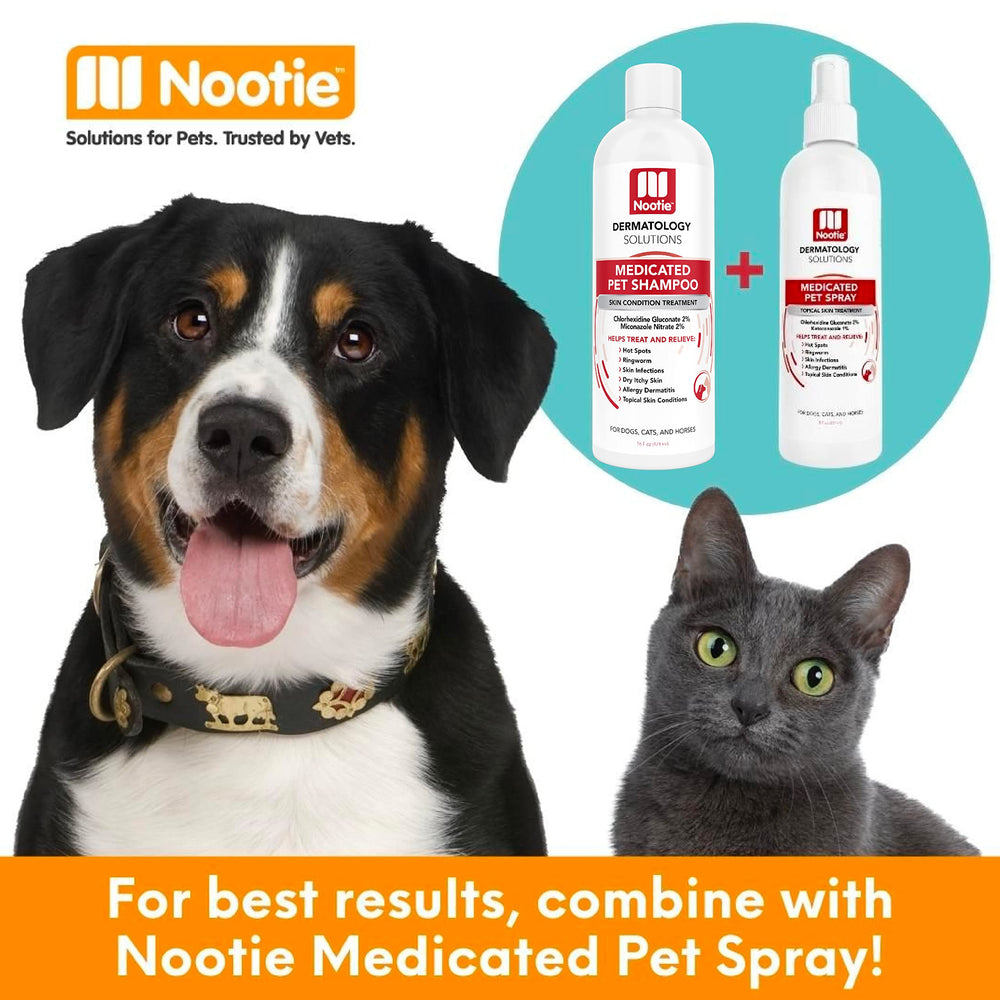 Nootie Vet clinic shelf display featuring medicated shampoo for pet skin care.
