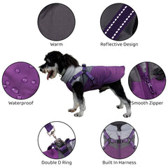 Norbi All-Weather Dog Coat harness closeup highlights integrated harness for easy outdoor adventures