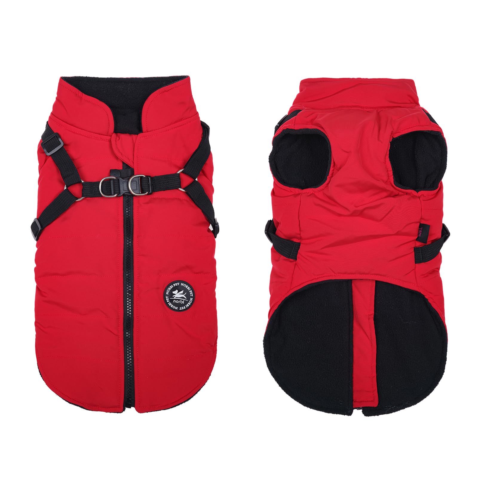 Norbi dog winter jacket machine washable, red—easy care for busy pet parents.